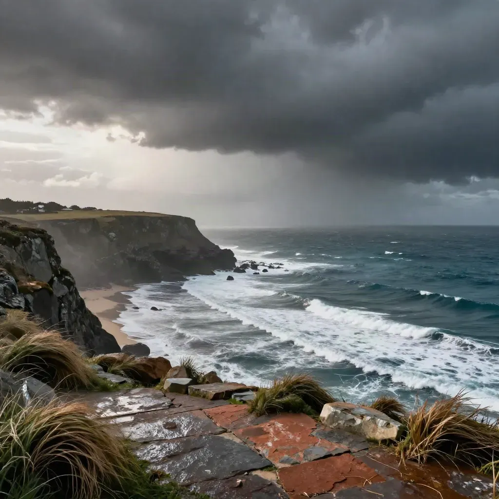 Storm front over a coastal headland with whitecaps and rain curtains from a cliff lookout.