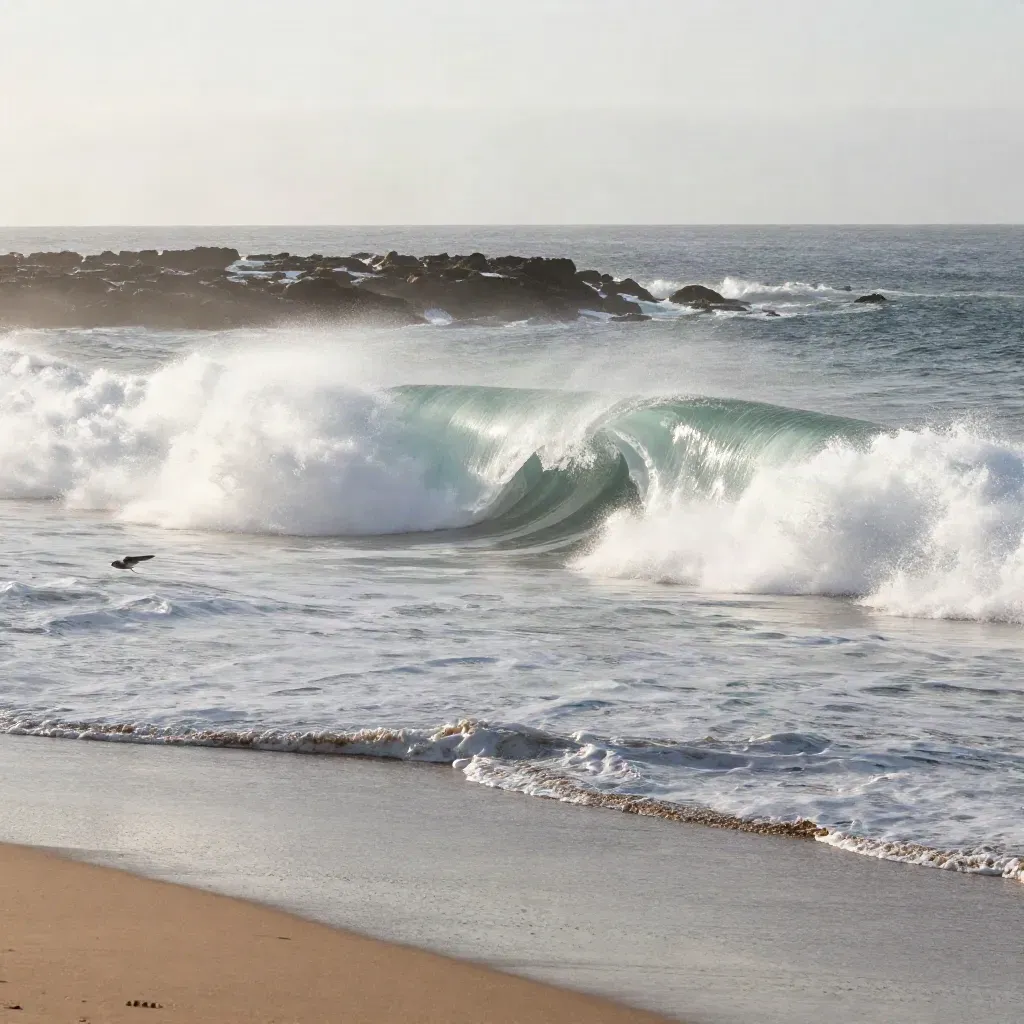 Reef break at dawn with peeling wave, wet sand, spray and gulls