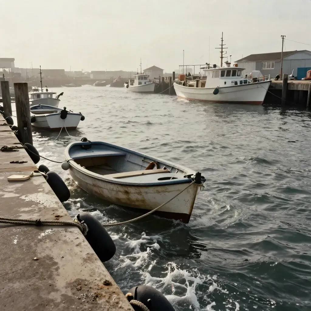 Wind-chopped harbor basin with skiffs, pier pilings, and misty rippled water.