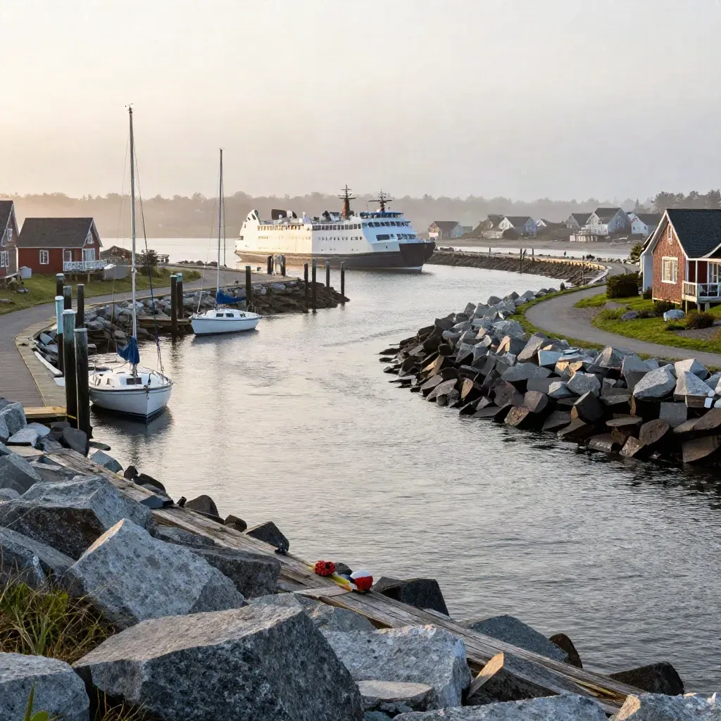 Cape Cod harbor with ferry slips, sailboats, breakwaters, and fog lifting over the tidal channel.