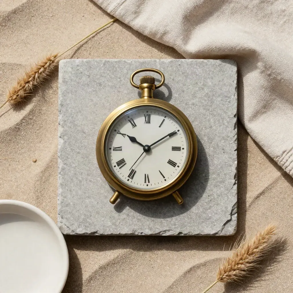 Brass tide clock with linen, ceramic dish, and dune grass on stone